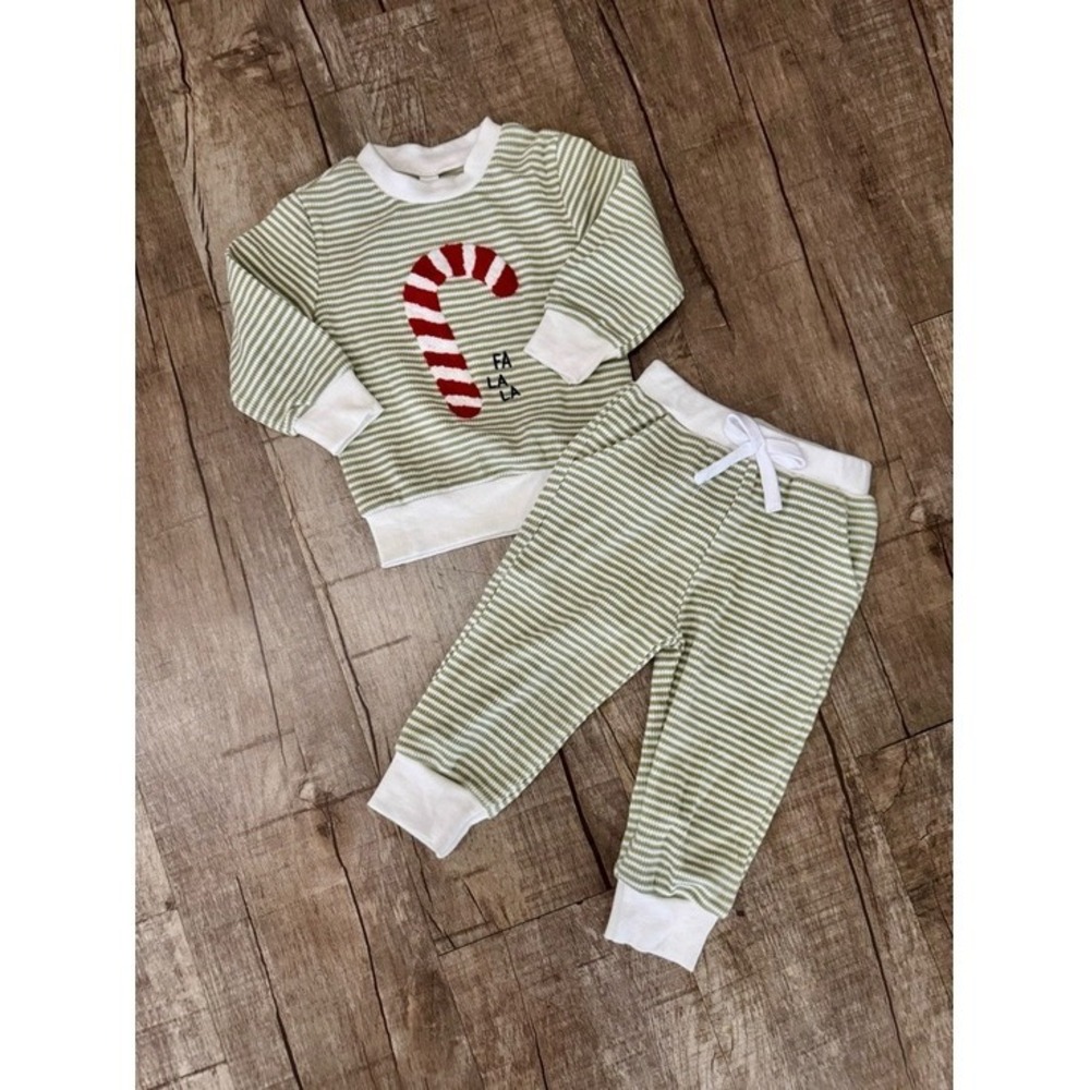 Baby Sage Green Striped Candy Cane Christmas Sweatshirt & Jogger Set 6-12M